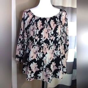 NWT Tribal Jeans Blouse Sz M 3/4 Sleeve Black w/ Floral Print